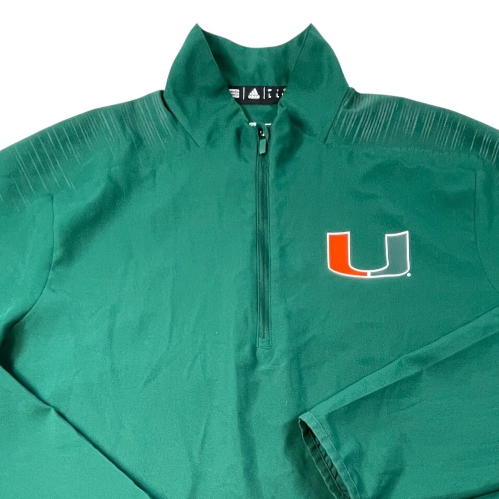 Adidas Pullover Men L Green Miami Hurricanes Quarter Zip Kangaroo Pocket Sport
